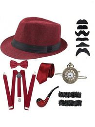 Party Supplies 1set Vintage Elegant Men's Red Costume Props Hat & Pocket Watch Bow Tie Black Moustaches Y Shape Suspenders Po