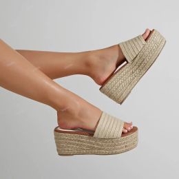 Boots Women Slide Sandals Espadrille Platform Shoes Wedge Fashion Open Toe Straw Summer Slipper Comfy Casual 2023 New Outside