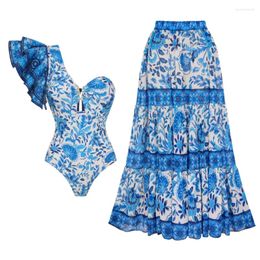 Women's Swimwear MUOLUX Sexy One Piece Swimsuit Skirt Summer Women Halter 3D Flower Print Beach Dress Cover Up Monokini Bathing Suit