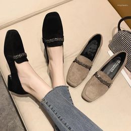 Dress Shoes Fall/Winter 2024 Ladies Fashion Loafers Low Heel Boat Square Toe Shoe Chain Faux Suede Plush Warm