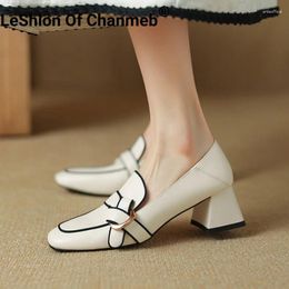 Dress Shoes LeShion Of Chanmeb Women Genuine Leather Medium Block Heels Mix-color Trimming Lovely Knot Pumps Spring Autumn Loafers 41