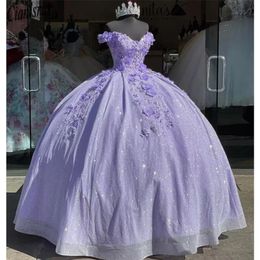 Lavendel bling paljett spets söt 16 quinceanera klänningar från axeln 3d blommor applikation pärlor korsett klänning vestidos de 15 anos maskerad xv klänning bc14063