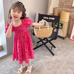 Girls Summer Dress Bubble Sleeve Sweet Floral Fashion Vacation Style Korea Red Loose Elegant Square Neck Dresses 240403