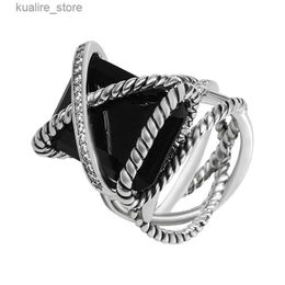 Cluster Rings 15mm*20mm Rectangular Crystal Black CZ Ring Dainty White Gold Plated Brass Twisted Design Statement Ring Jewelry for Women L240402