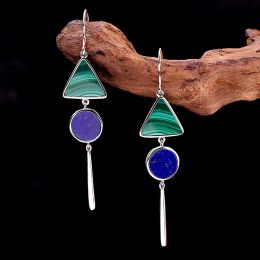 Earrings MIQIAO 2020 New On The Ears Silver Earrings 925 Hanging Natural Stone Mmalachite Lapis Lazuli Geometric Ttriangle Circle Women