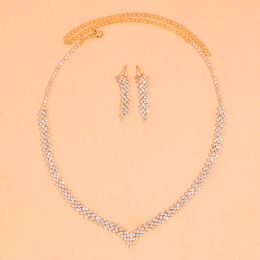 StoneFans Wedding Lozenge Step Style Rhinestone Necklace Earrings Set For Women Jewelry Choker Tassel Earring Bridal Gift Party