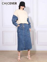 Work Dresses CHICEVER Hit Colour Two Piece Set For Women Hooded Long Sleeve Casual Loose Top High Waist Split Denim Skirts Fashion Sets