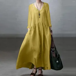 Casual Dresses 2024 Summer Loose Long Sleeve Dress Solid Colour V Neck Cotton And Linen Large Swing Shirt Tunic