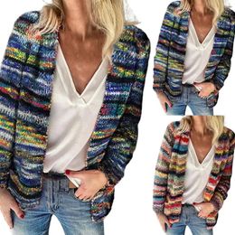 Women Sweater Rainbow Stripes Temperament Autumn Winter Long Sleeve Knitted Cardigan Coat for Office 240320