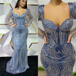 Sparkly Mermaid Prom Dresses Shining Appliques Beads Long Sleeves Sweep Train Tulle Satin Custom Made Plus Size Party Evening Dress Vestido De Noite