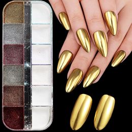 2023 cross-border exposure nail glitter Internet celebrity same 12-grid boxed super bright mirror titanium gold powder magic mirror powder