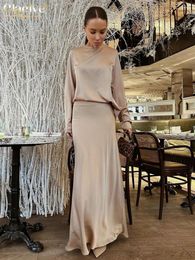 Work Dresses Clacive Casual Khaki Satin 2 Piece Sets Women Outfit 2024 Fashion Long Sleeve Shirt With High Waist Skirts Set Streetwear