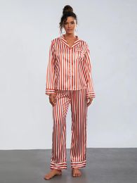 Home Clothing Women Red/Green Christmas Pyjama Set Striped Long Sleeve Button Up Shirt With Pants Sleepwear Loungewear Year 2024