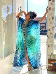 Blue Sea Print Beach Kaftan Dress For Woman Summer Long Dresses V Neck Bikini Cover Up Boho Vestido Bathing Suit 2024