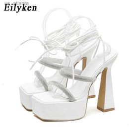 Dress Shoes New Crystal Rhinestone Chunky High Heels Fashion Ankle Cross Lace-up Platform Roman Women Sandals H24040311ME