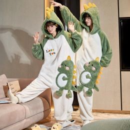 Dinosaur Pyjamas Flannel Women Anime Onesie Adults Animal Overalls Thicken Homewear Men Warm Winter Sleepwear Fleece Jumpsuit