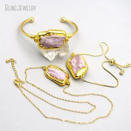 Gold Colour Dipped Kunzite Natural Stone Link Chains Necklace Bangle Bracelet Cuff Bridal Jewellery Sets Women Boho Accesorios 240401