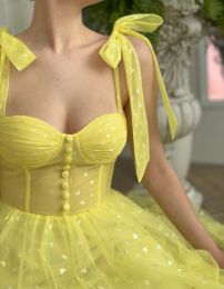 Yellow Two Straps Sweetheart Tull Tea Length Tulle A line Prom Dresses Custom Made Girl Evening Homecoming Wear