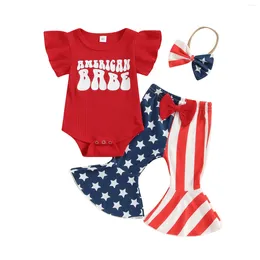 Clothing Sets Summer Independence Day Infant Baby Girl Outfits Ruffled Sleeve Ribbed Bodysuit Striped Flare Pants Bow Headband