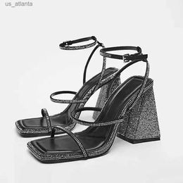 Dress Shoes TRAF Rhinestone Wide Heel For Women Fashion Square Sole Open Toe Sandal Pumps Ankle Strap Metal Buckle Slingbacks H240403