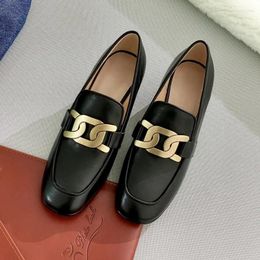 Casual Shoes Real Leather Round Toe High Heel Loafers Wooden Effects 5cm Slip-on Pumps Womens' Metal Chain Decor Oxfords