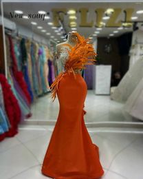 Party Dresses Orange Feathers Long Satin Evening Sleeveless Sparkle Silver Rhinestones Maxi Mermaid Gowns Elegant For Women