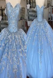 Modest Light Sky Blue Off the shoulder Ball Gown 2022 Quinceanera Dresses with Sleeves Tulle Corset Back Vestido De 15 Anos Mexica8869323