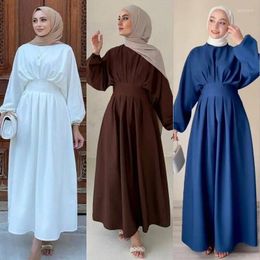 Ethnic Clothing Pure Color Dubai Party Gown Muslim Islamic Pleated Abaya Kaftan Ramadan Robe Women Dress Turkey Modesty