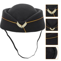 Berets Stewardess Pillbox Hat Felt Flight Attendant Cap Air Hostesses Uniform Plane Black Perform Women