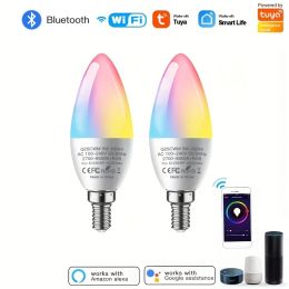 Smart Light Bulb 2 Pcs Tuya Wifi Bluetooth E14 Candle Lamp RGBCW Dimmable 5W LED Bulb Smart Life APP Voice Control Alexa Google