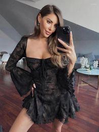 Casual Dresses Sexy Lace Mini Dress Women's Elegant Flared Long Sleeve A Line Slim 2024 Spring Summer Female Club Evening Short Vestido