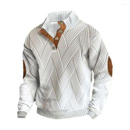 Men's Hoodies Men Sweatshirt Button Stand Collar Retro Contrast Color Pullover Long Sleeve Mid Length Striped Texture Fall Spring Top