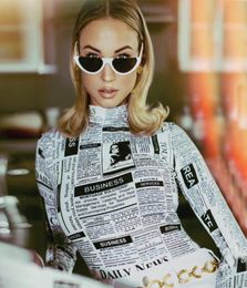 2020 Newspaper Print Turtleneck Long Sleeve Bodysuit Women Fall spring Sexy Tops Bodycon Jumpsuit Body Suit1489510