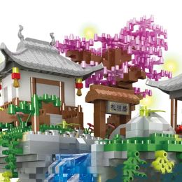 Tree House Building Blocks Peach Blossom Pool Air 3320Pcs Suzhou Garden DIY Assembly Bricks Toy LED Light Mini Diamond For Kid