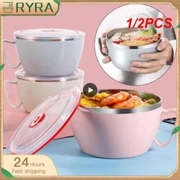 Bowls 1/2PCS 600ml Korean Noodle Bowl With Lid Handle Stainless Steel Plastic Leak-Proof Container Rice Soup Kitchen Gadget