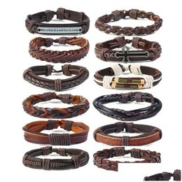 Charm Bracelets Genuine Leather Wrap Mtilayer Bangles Fashion Men Cuff Adjustable Cross Easter Vintage Jewellery Braided Wristband For Dh6Is