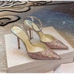 Dress Shoes Luxury Crystal Sequined Women Pumps Elegant Thin High heels Spring Summer Fashion Chains Party Sexy Wedding Bridal H24040392L9