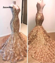 African Gold Prom Dresses Mermaid Halter V Neck 3D Flowers Sleeveless Evening Dress Long Arabic Dubai Party Gowns3534773