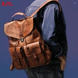 Backpack Leather Men's Laptop Bag Shoulder Bags Male Retro Lock Men Travel Backpacks Vintage Real Solid