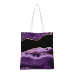 Shopping Bags Purple And Gold Agate Texture Grocery Tote Bag Women Funny Canvas Shoulder Shopper Big Capacity Handbags