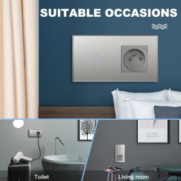 BSEED 1/2/3Gang Touch Light Switches 1Way Sensor Switch With Type-C USB French Wall Sockets Glass Panel Blue Backlight Gray