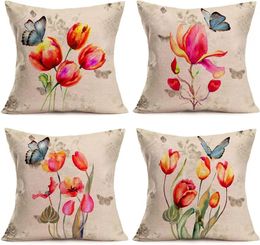 Pillow Tulip Decorative Pillowcase With Flowers Butterfly Linen Cover Suitable For Sofa Farmhouse Summer Decoration