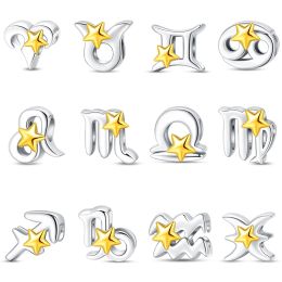925 Silver Colour 12 Constellations Charms Golden Star Zodiac Beads Fit Pandora Original Bracelets Fine DIY Birthday Jewellery Gift