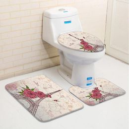 Bath Mats Set Of 3 Cartoon Bathroom Rugs Landscapes Paris Tower Rose Flowers Low Pile Memory Foam Mat Toilet Cover U-Shaped Carpet