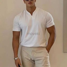 Men's T-Shirts Summer Men Business Causal T-shirt Beach Fashion Thin Stand Collar Solid Tee V-neck Breathable Fitness Korean Streetwear Tops 2443