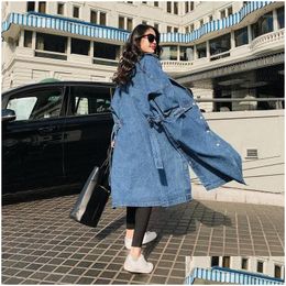 Womens Trench Coats Lapel Women Loose Denim Coat Long Windbreaker Vintage Sleeve Overcoat Winter Autumn Bandage Mujer Abrigos F14851 D Dhytu