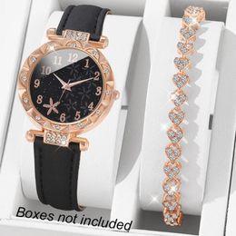 Wristwatches 2pcs/set Women's Shiny Rhinestone Quartz Watch With Analogue Pu Leather Wrist And Bracelets - Perfect Gift For Mom