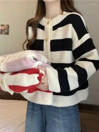 Women's Knits Zoki Elegant Buttons Striped Cardigan Women Loose Lazy Wind Knitting Sweaters Korean Chic Sweet Long Sleeve 3 Colours Outwear