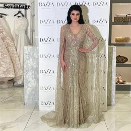 Party Dresses Sevintage Noble Saudi Arabic Prom V-Neck Formal Evening Long Cape Sleeves Sequined Women Gowns Event 2024