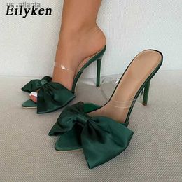 Dress Shoes Fashion Design Butterfly-Knot Women Slippers PVC Transparent Pointed Toe Stiletto High Heels Green Sandals H240403